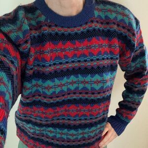 LL Bean red blue 100% wool vintage ski sweater fair isle medium m